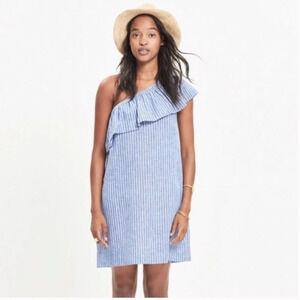 MADEWELL One Shoulder Blue & White Striped Dress Size XXS